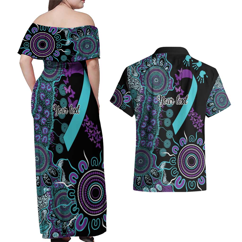 National Suicide Prevention Couples Matching Off Shoulder Maxi Dress and Hawaiian Shirt Aboriginal Ribbon Dot Painting
