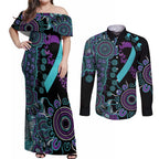 National Suicide Prevention Couples Matching Off Shoulder Maxi Dress and Long Sleeve Button Shirt Aboriginal Ribbon Dot Painting