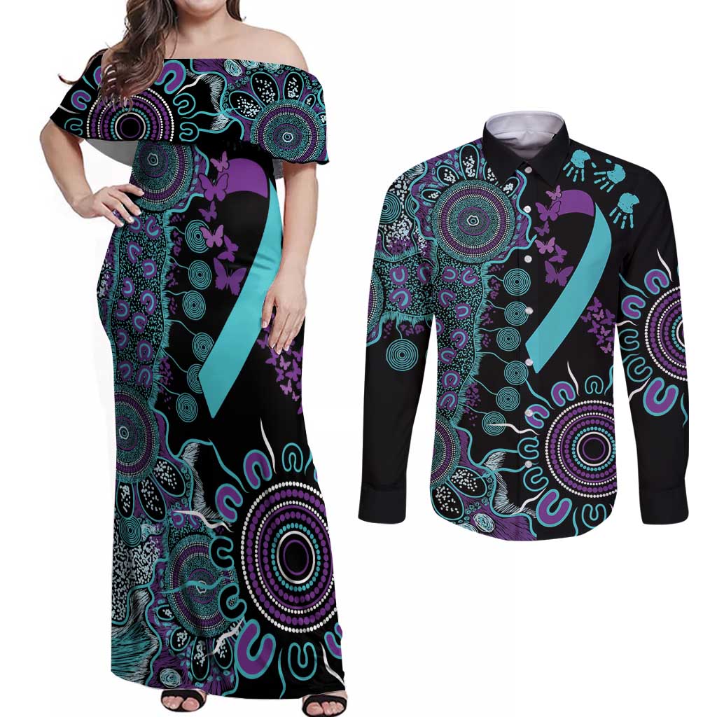 National Suicide Prevention Couples Matching Off Shoulder Maxi Dress and Long Sleeve Button Shirt Aboriginal Ribbon Dot Painting