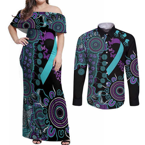 National Suicide Prevention Couples Matching Off Shoulder Maxi Dress and Long Sleeve Button Shirt Aboriginal Ribbon Dot Painting