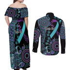 National Suicide Prevention Couples Matching Off Shoulder Maxi Dress and Long Sleeve Button Shirt Aboriginal Ribbon Dot Painting