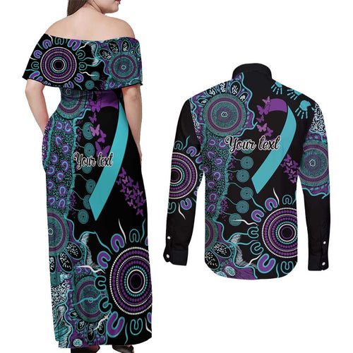 National Suicide Prevention Couples Matching Off Shoulder Maxi Dress and Long Sleeve Button Shirt Aboriginal Ribbon Dot Painting