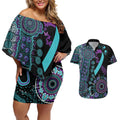 National Suicide Prevention Couples Matching Off Shoulder Short Dress and Hawaiian Shirt Aboriginal Ribbon Dot Painting