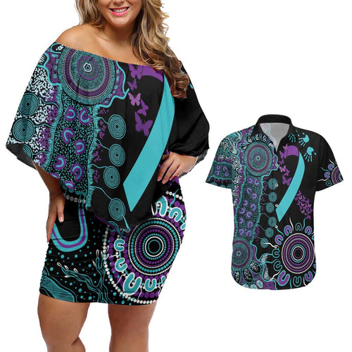 National Suicide Prevention Couples Matching Off Shoulder Short Dress and Hawaiian Shirt Aboriginal Ribbon Dot Painting