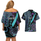 National Suicide Prevention Couples Matching Off Shoulder Short Dress and Hawaiian Shirt Aboriginal Ribbon Dot Painting