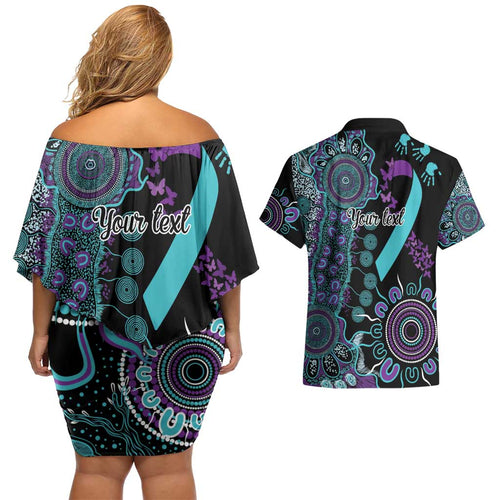 National Suicide Prevention Couples Matching Off Shoulder Short Dress and Hawaiian Shirt Aboriginal Ribbon Dot Painting