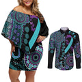 National Suicide Prevention Couples Matching Off Shoulder Short Dress and Long Sleeve Button Shirt Aboriginal Ribbon Dot Painting