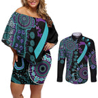 National Suicide Prevention Couples Matching Off Shoulder Short Dress and Long Sleeve Button Shirt Aboriginal Ribbon Dot Painting