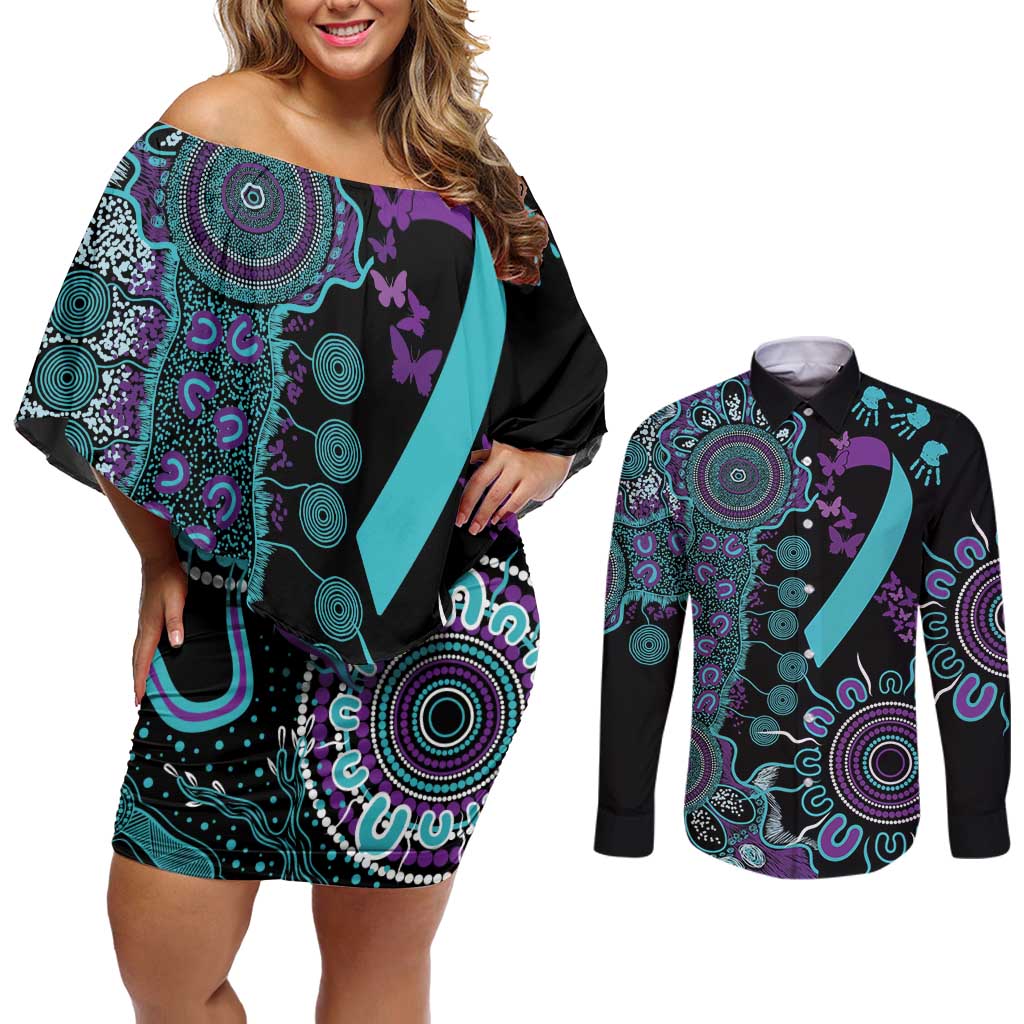 National Suicide Prevention Couples Matching Off Shoulder Short Dress and Long Sleeve Button Shirt Aboriginal Ribbon Dot Painting