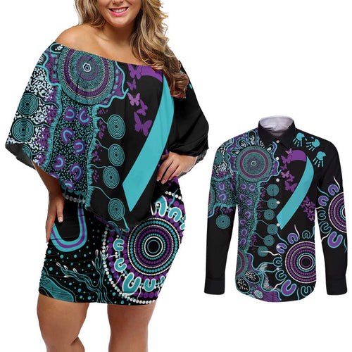 National Suicide Prevention Couples Matching Off Shoulder Short Dress and Long Sleeve Button Shirt Aboriginal Ribbon Dot Painting