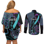 National Suicide Prevention Couples Matching Off Shoulder Short Dress and Long Sleeve Button Shirt Aboriginal Ribbon Dot Painting