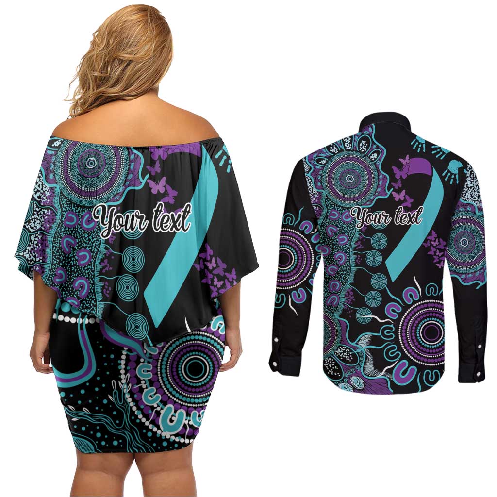 National Suicide Prevention Couples Matching Off Shoulder Short Dress and Long Sleeve Button Shirt Aboriginal Ribbon Dot Painting