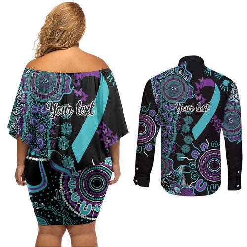 National Suicide Prevention Couples Matching Off Shoulder Short Dress and Long Sleeve Button Shirt Aboriginal Ribbon Dot Painting