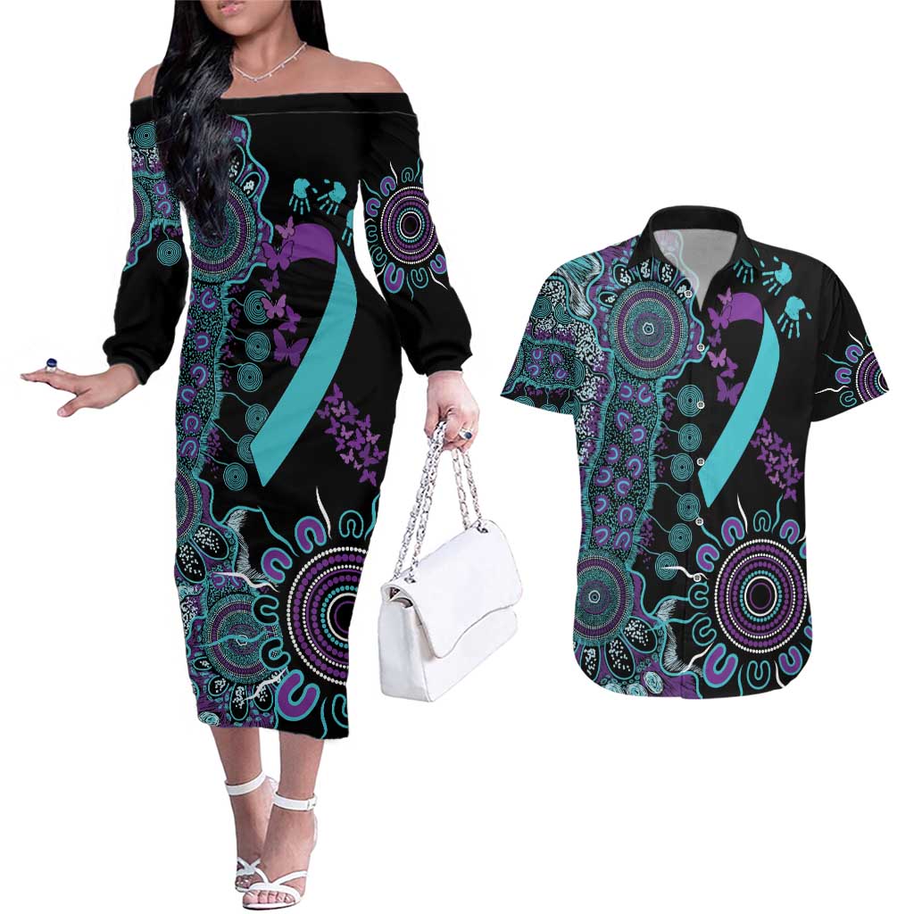 National Suicide Prevention Couples Matching Off The Shoulder Long Sleeve Dress and Hawaiian Shirt Aboriginal Ribbon Dot Painting