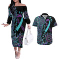 National Suicide Prevention Couples Matching Off The Shoulder Long Sleeve Dress and Hawaiian Shirt Aboriginal Ribbon Dot Painting