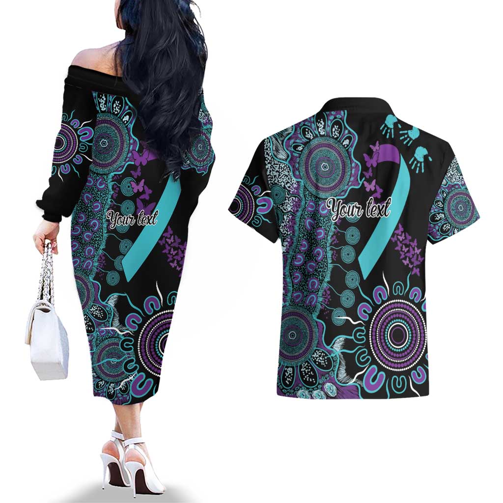 National Suicide Prevention Couples Matching Off The Shoulder Long Sleeve Dress and Hawaiian Shirt Aboriginal Ribbon Dot Painting