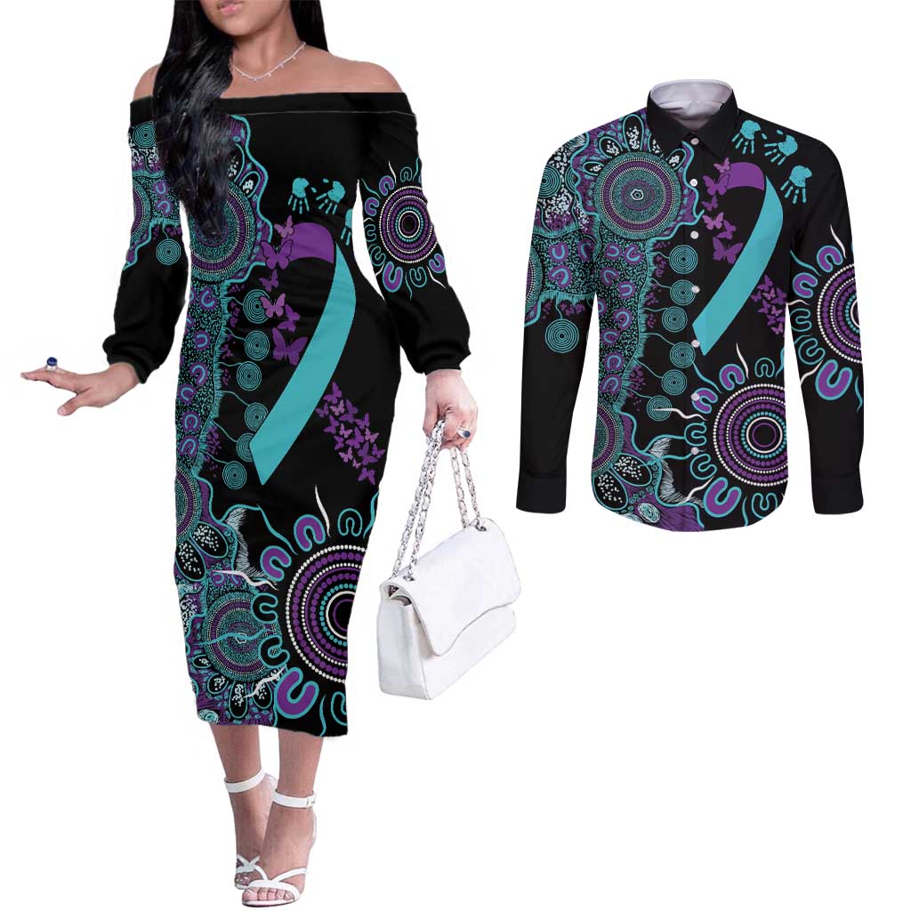 National Suicide Prevention Couples Matching Off The Shoulder Long Sleeve Dress and Long Sleeve Button Shirt Aboriginal Ribbon Dot Painting