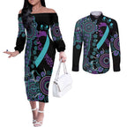National Suicide Prevention Couples Matching Off The Shoulder Long Sleeve Dress and Long Sleeve Button Shirt Aboriginal Ribbon Dot Painting