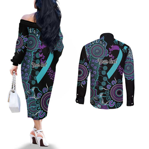 National Suicide Prevention Couples Matching Off The Shoulder Long Sleeve Dress and Long Sleeve Button Shirt Aboriginal Ribbon Dot Painting