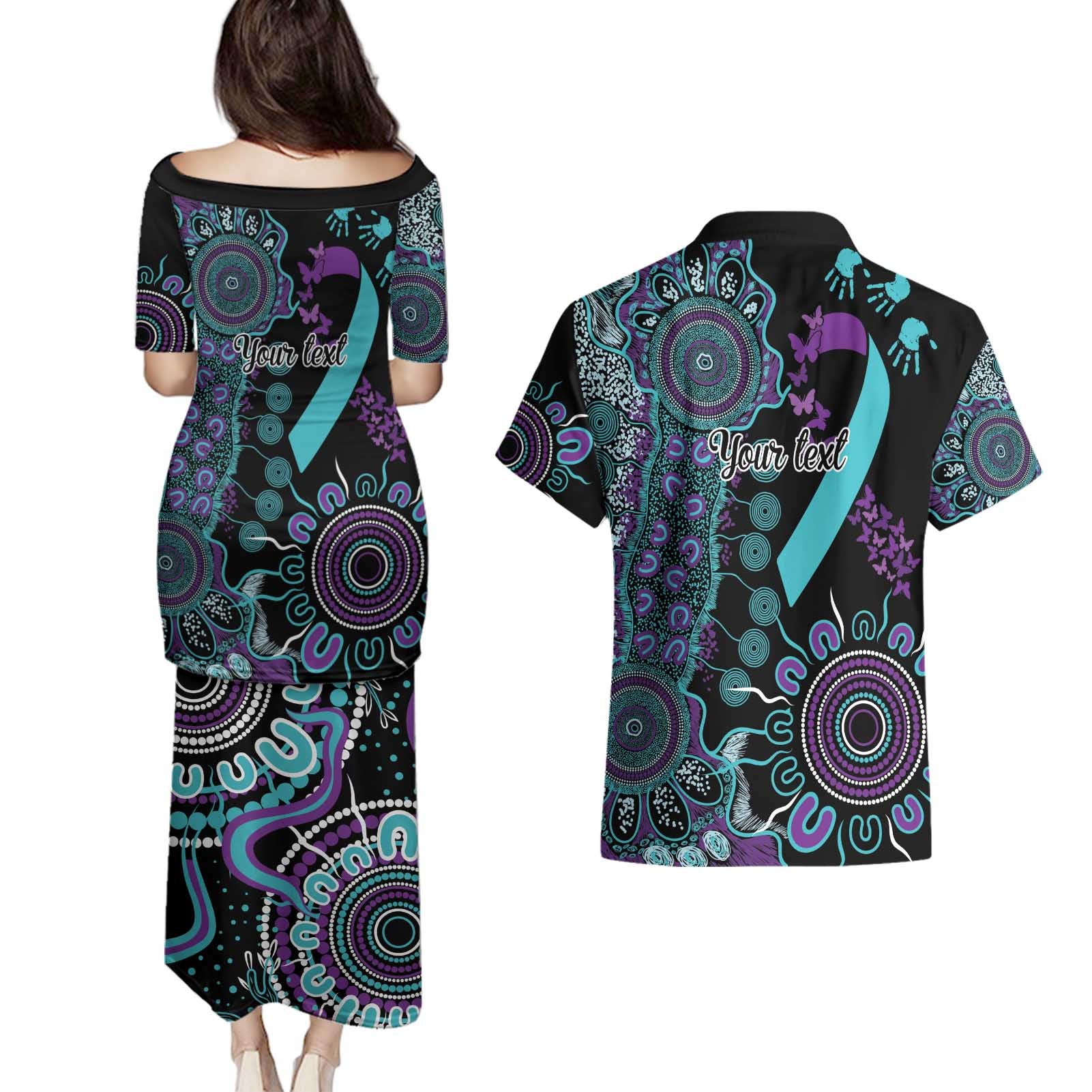 National Suicide Prevention Couples Matching Puletasi and Hawaiian Shirt Aboriginal Ribbon Dot Painting