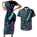 National Suicide Prevention Couples Matching Short Sleeve Bodycon Dress and Hawaiian Shirt Aboriginal Ribbon Dot Painting