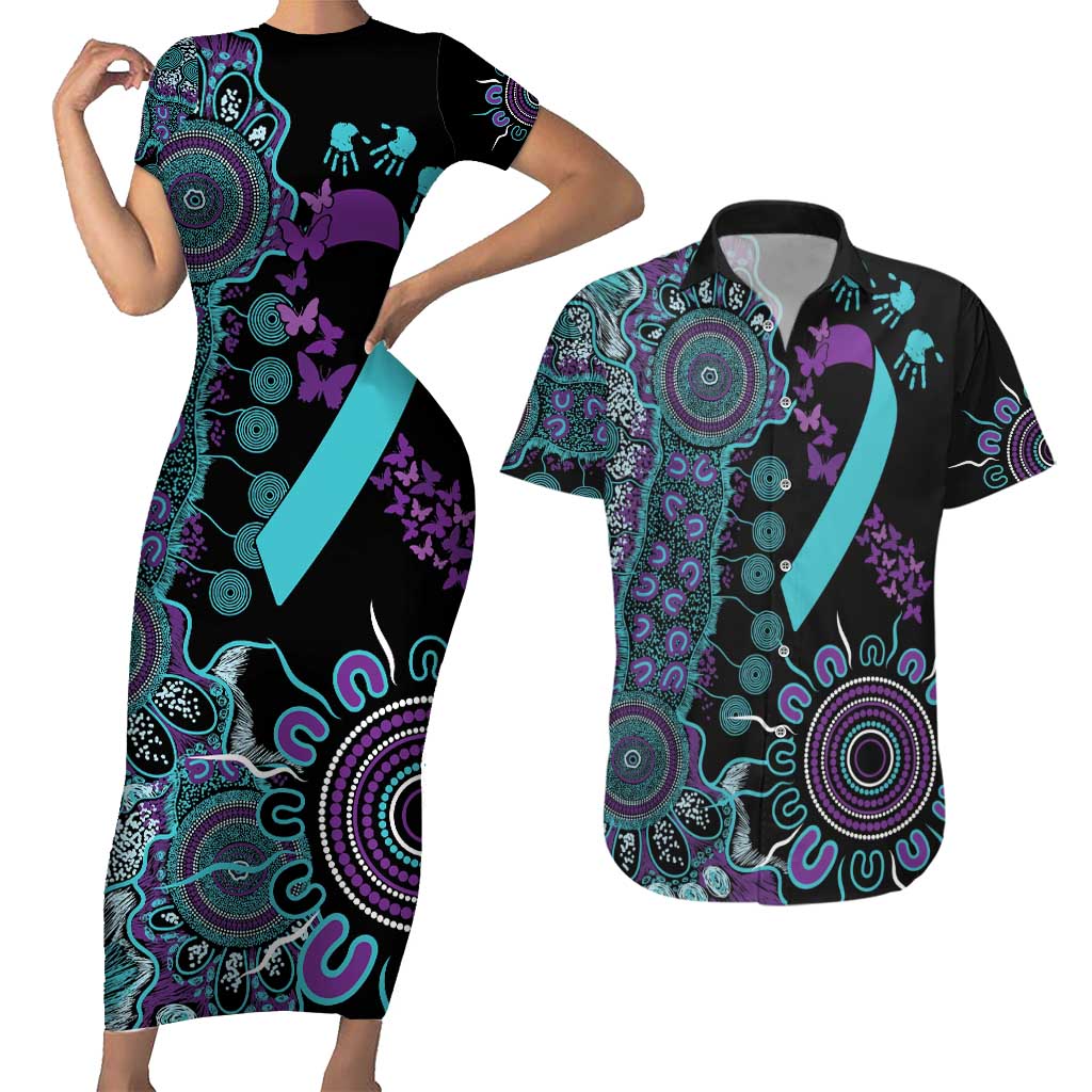 National Suicide Prevention Couples Matching Short Sleeve Bodycon Dress and Hawaiian Shirt Aboriginal Ribbon Dot Painting