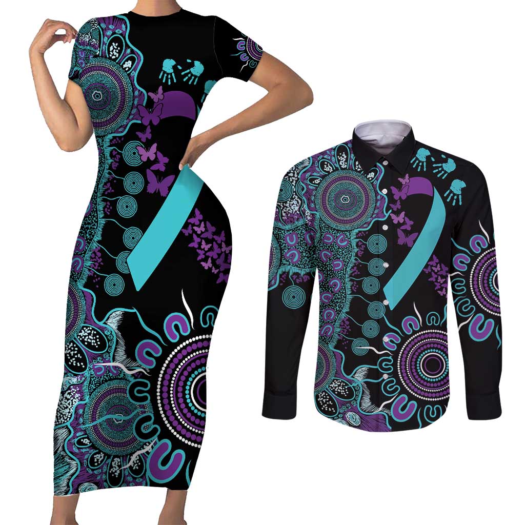 National Suicide Prevention Couples Matching Short Sleeve Bodycon Dress and Long Sleeve Button Shirt Aboriginal Ribbon Dot Painting