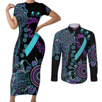National Suicide Prevention Couples Matching Short Sleeve Bodycon Dress and Long Sleeve Button Shirt Aboriginal Ribbon Dot Painting