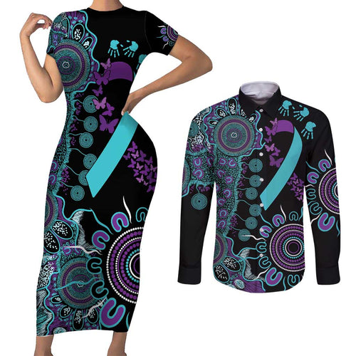 National Suicide Prevention Couples Matching Short Sleeve Bodycon Dress and Long Sleeve Button Shirt Aboriginal Ribbon Dot Painting