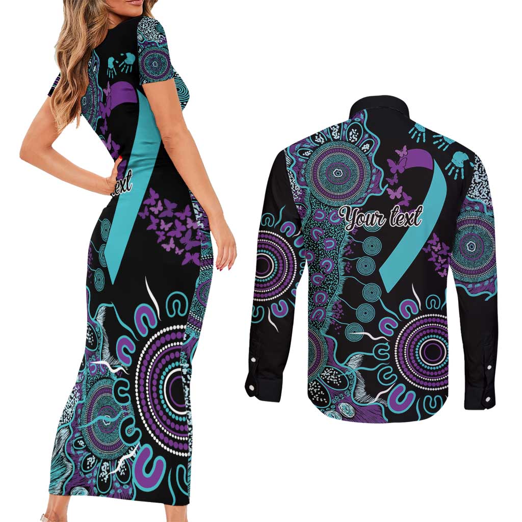 National Suicide Prevention Couples Matching Short Sleeve Bodycon Dress and Long Sleeve Button Shirt Aboriginal Ribbon Dot Painting