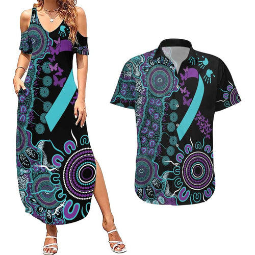 National Suicide Prevention Couples Matching Summer Maxi Dress and Hawaiian Shirt Aboriginal Ribbon Dot Painting