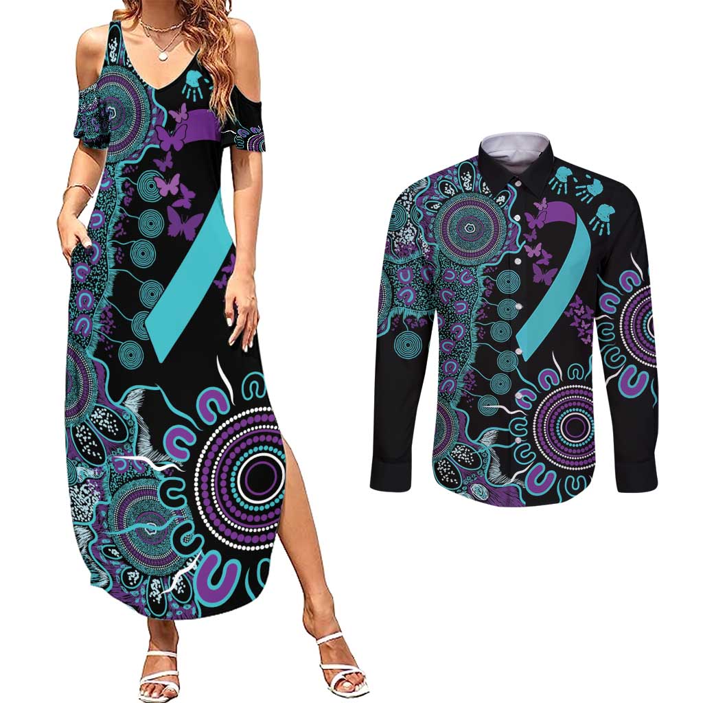 National Suicide Prevention Couples Matching Summer Maxi Dress and Long Sleeve Button Shirt Aboriginal Ribbon Dot Painting