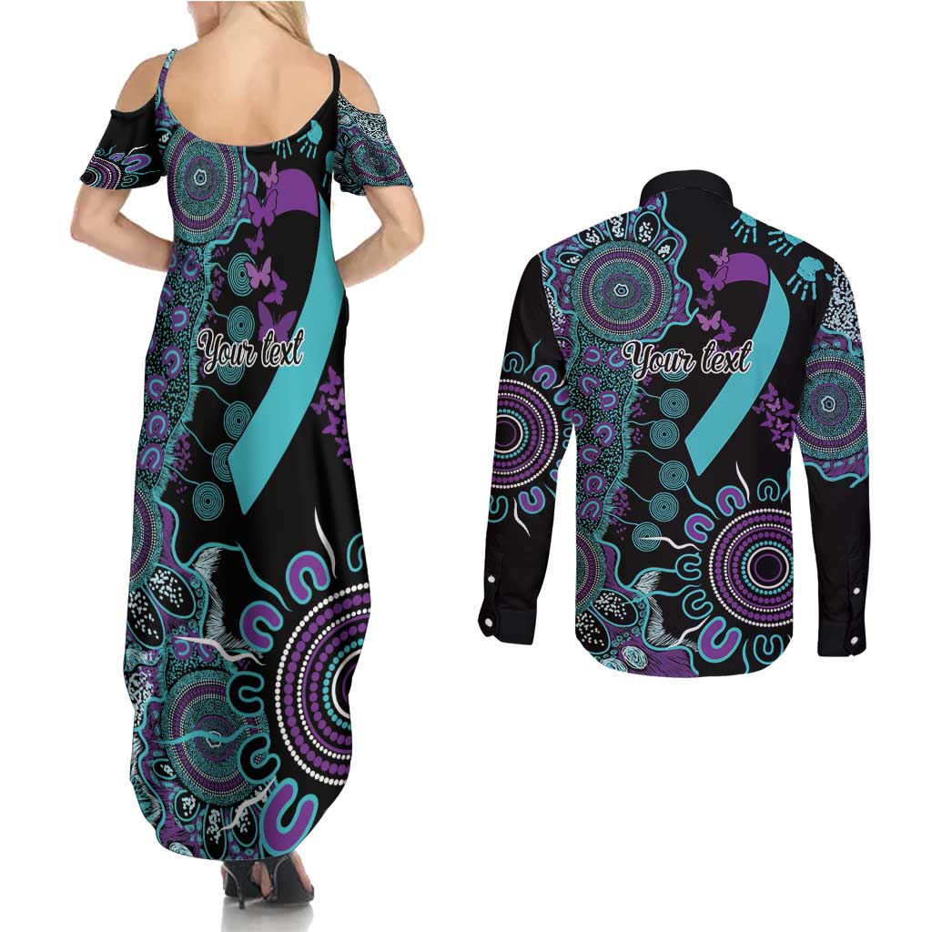 National Suicide Prevention Couples Matching Summer Maxi Dress and Long Sleeve Button Shirt Aboriginal Ribbon Dot Painting
