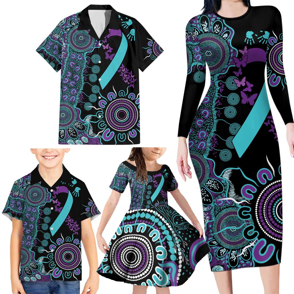 National Suicide Prevention Family Matching Long Sleeve Bodycon Dress and Hawaiian Shirt Aboriginal Ribbon Dot Painting