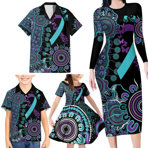 National Suicide Prevention Family Matching Long Sleeve Bodycon Dress and Hawaiian Shirt Aboriginal Ribbon Dot Painting