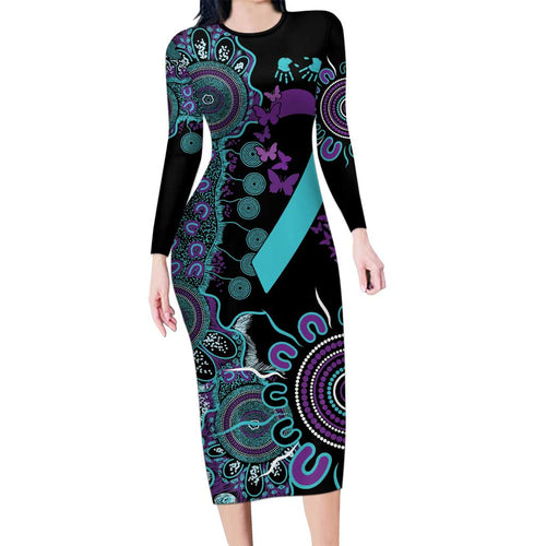 National Suicide Prevention Family Matching Long Sleeve Bodycon Dress and Hawaiian Shirt Aboriginal Ribbon Dot Painting