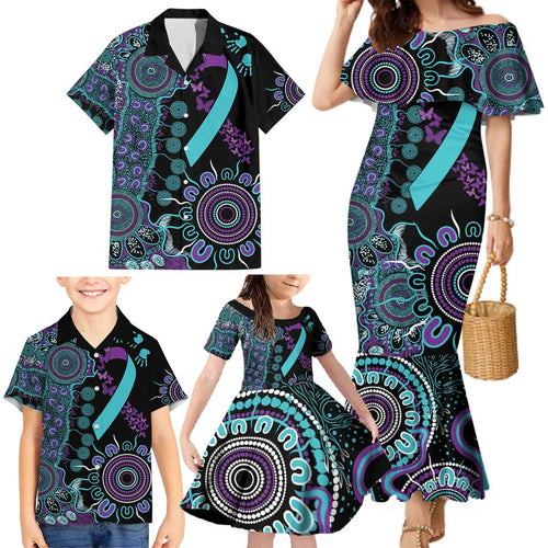 National Suicide Prevention Family Matching Mermaid Dress and Hawaiian Shirt Aboriginal Ribbon Dot Painting