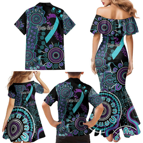 National Suicide Prevention Family Matching Mermaid Dress and Hawaiian Shirt Aboriginal Ribbon Dot Painting