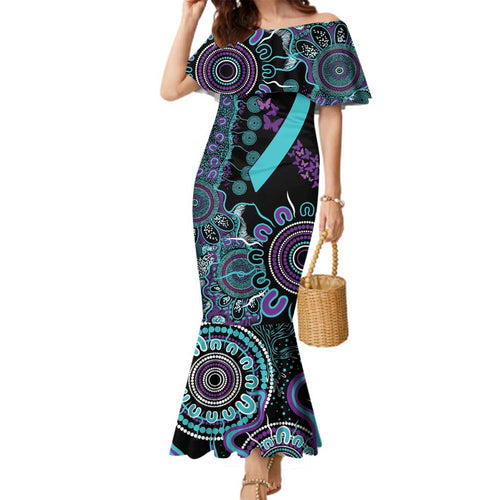 National Suicide Prevention Family Matching Mermaid Dress and Hawaiian Shirt Aboriginal Ribbon Dot Painting
