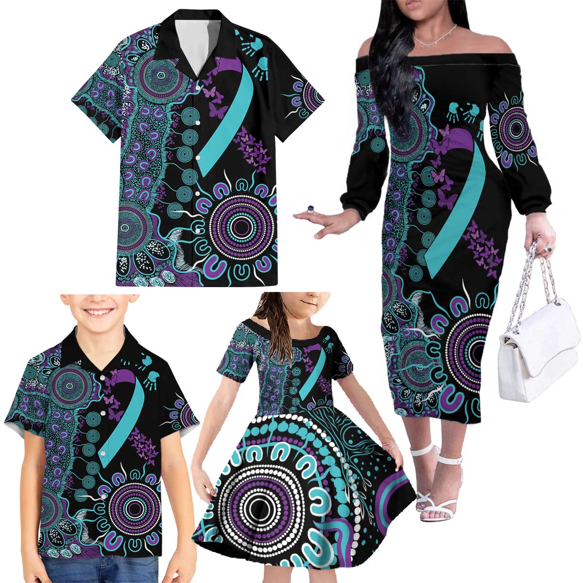 National Suicide Prevention Family Matching Off The Shoulder Long Sleeve Dress and Hawaiian Shirt Aboriginal Ribbon Dot Painting