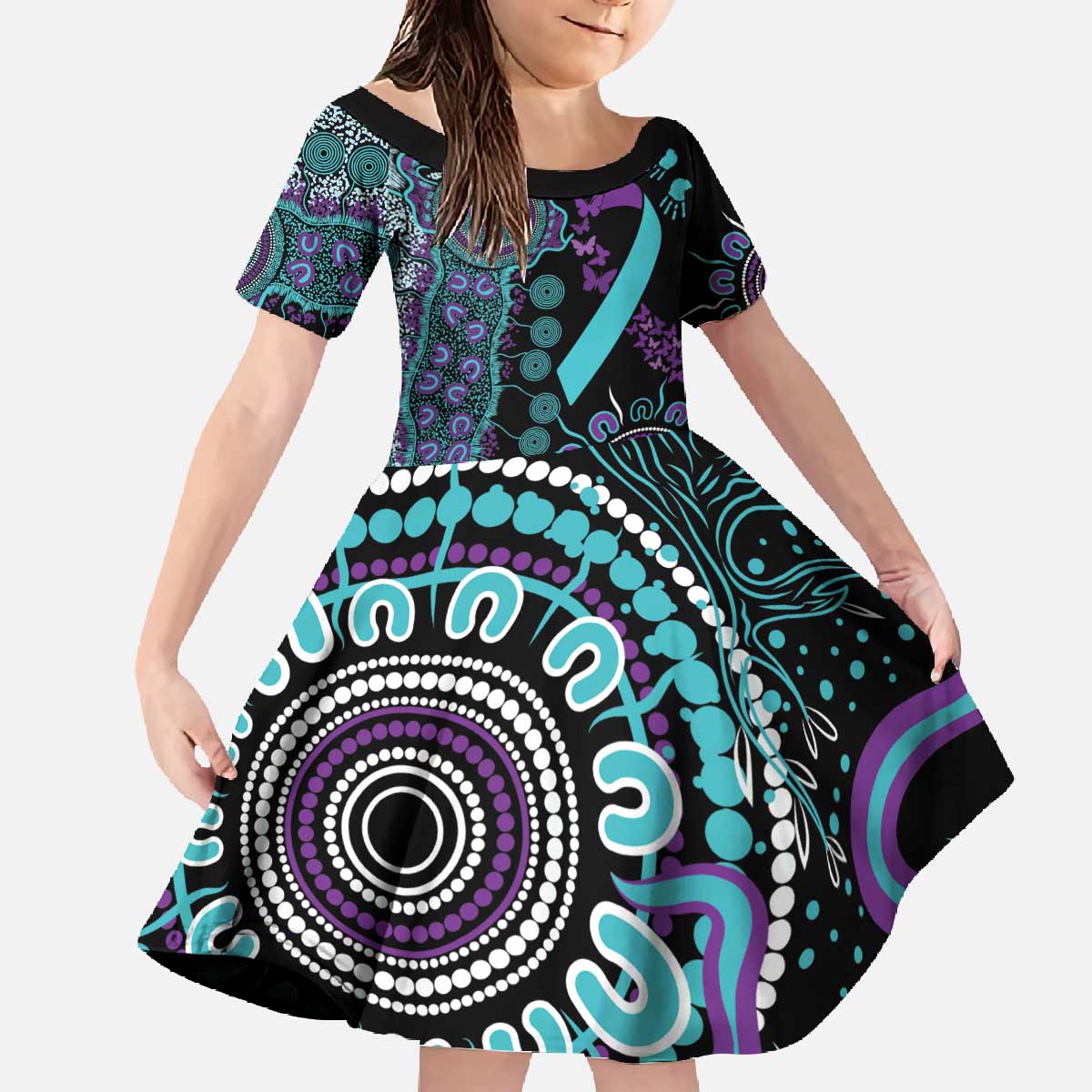 National Suicide Prevention Family Matching Off The Shoulder Long Sleeve Dress and Hawaiian Shirt Aboriginal Ribbon Dot Painting