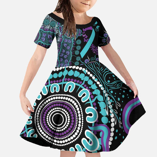 National Suicide Prevention Family Matching Off The Shoulder Long Sleeve Dress and Hawaiian Shirt Aboriginal Ribbon Dot Painting