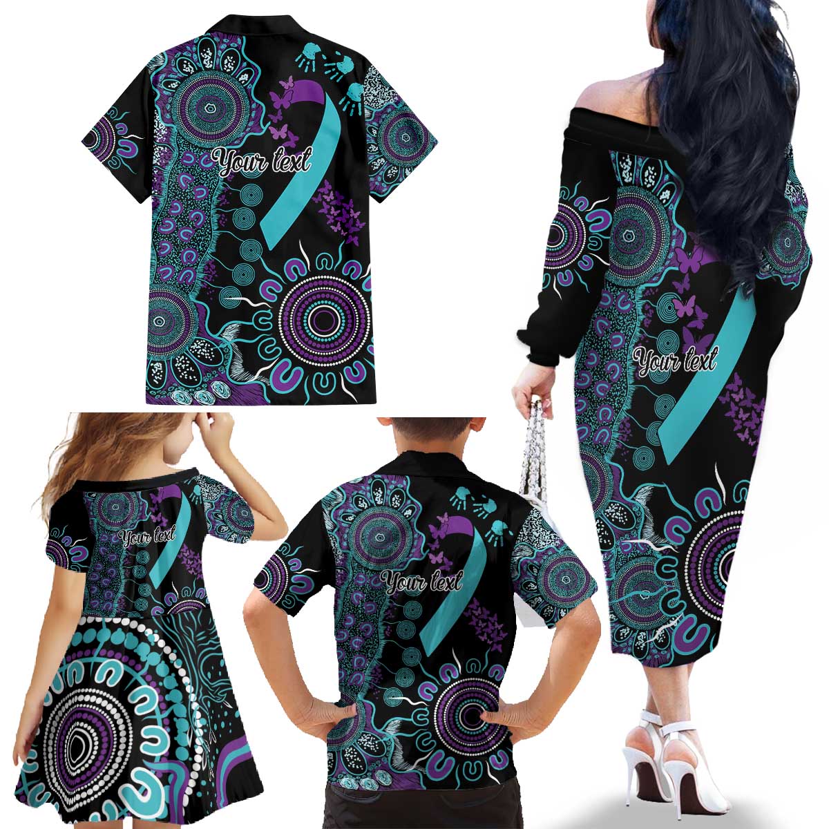 National Suicide Prevention Family Matching Off The Shoulder Long Sleeve Dress and Hawaiian Shirt Aboriginal Ribbon Dot Painting