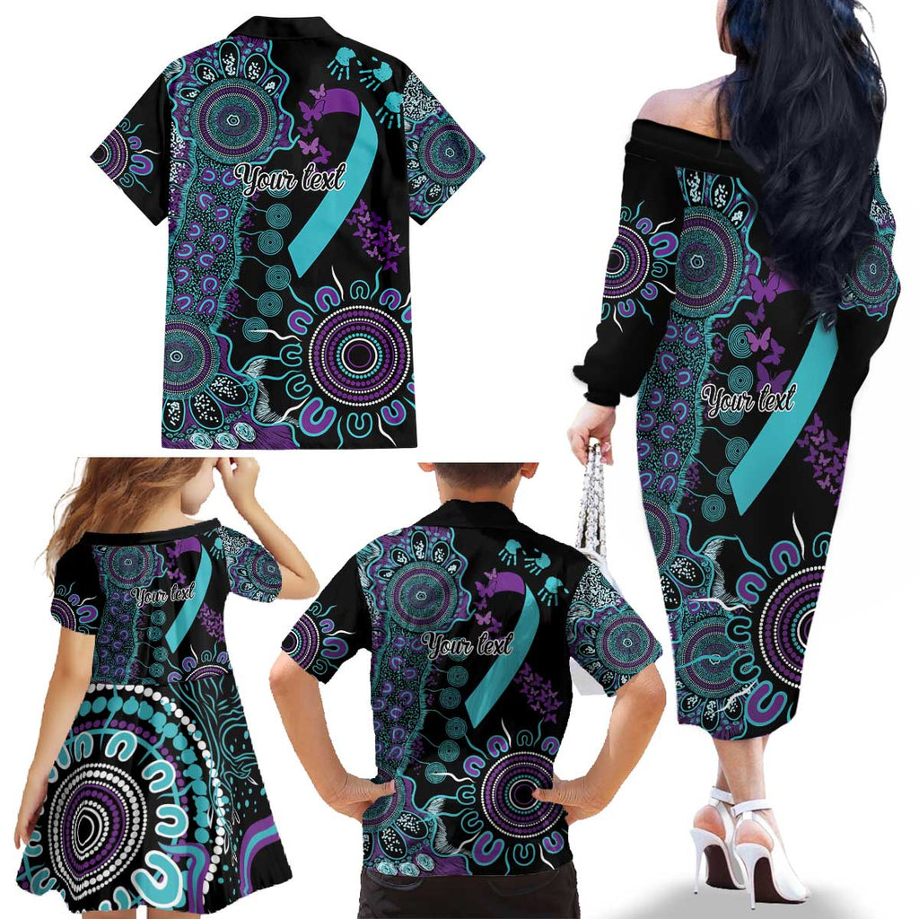 National Suicide Prevention Family Matching Off The Shoulder Long Sleeve Dress and Hawaiian Shirt Aboriginal Ribbon Dot Painting