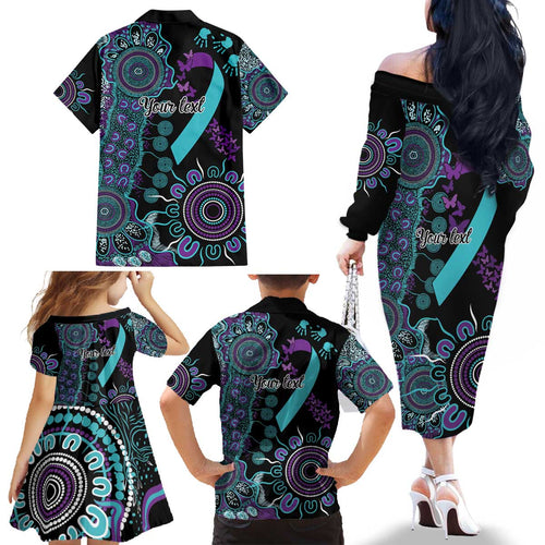 National Suicide Prevention Family Matching Off The Shoulder Long Sleeve Dress and Hawaiian Shirt Aboriginal Ribbon Dot Painting