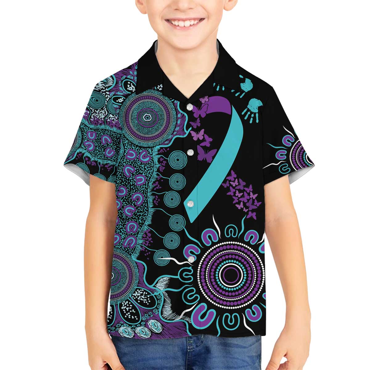 National Suicide Prevention Family Matching Off The Shoulder Long Sleeve Dress and Hawaiian Shirt Aboriginal Ribbon Dot Painting