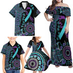 National Suicide Prevention Family Matching Off Shoulder Maxi Dress and Hawaiian Shirt Aboriginal Ribbon Dot Painting