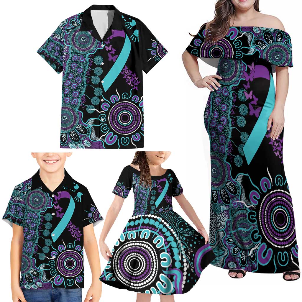 National Suicide Prevention Family Matching Off Shoulder Maxi Dress and Hawaiian Shirt Aboriginal Ribbon Dot Painting