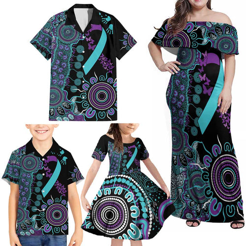 National Suicide Prevention Family Matching Off Shoulder Maxi Dress and Hawaiian Shirt Aboriginal Ribbon Dot Painting