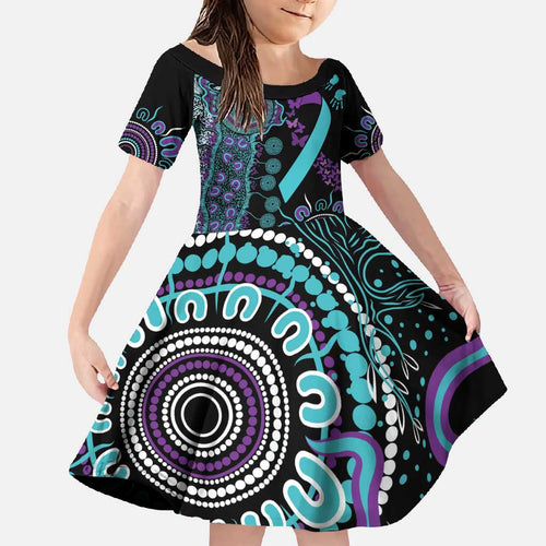 National Suicide Prevention Family Matching Off Shoulder Maxi Dress and Hawaiian Shirt Aboriginal Ribbon Dot Painting